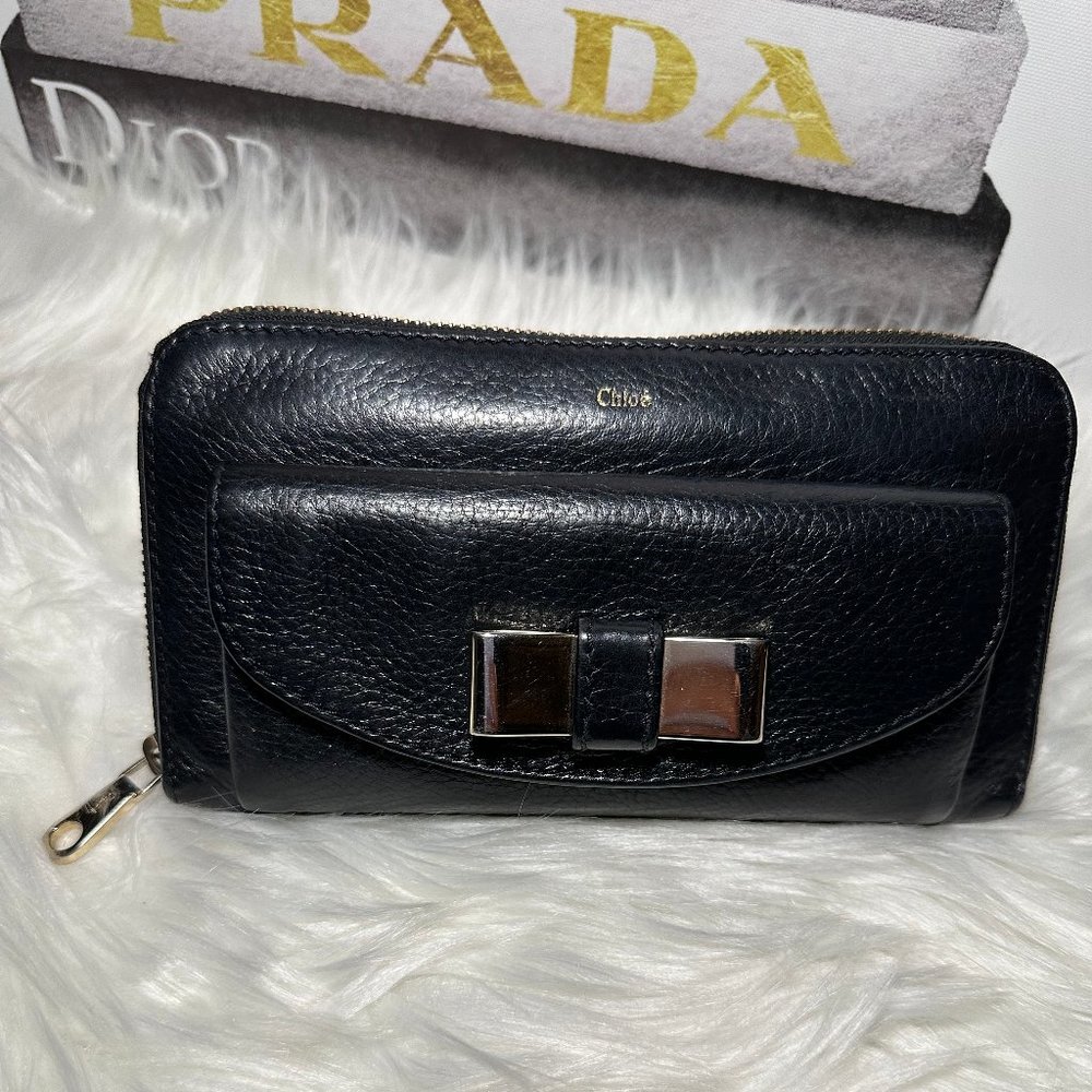 Authentic Chloe Black Leather Portefeuille Ribbon Continental Long Wallet